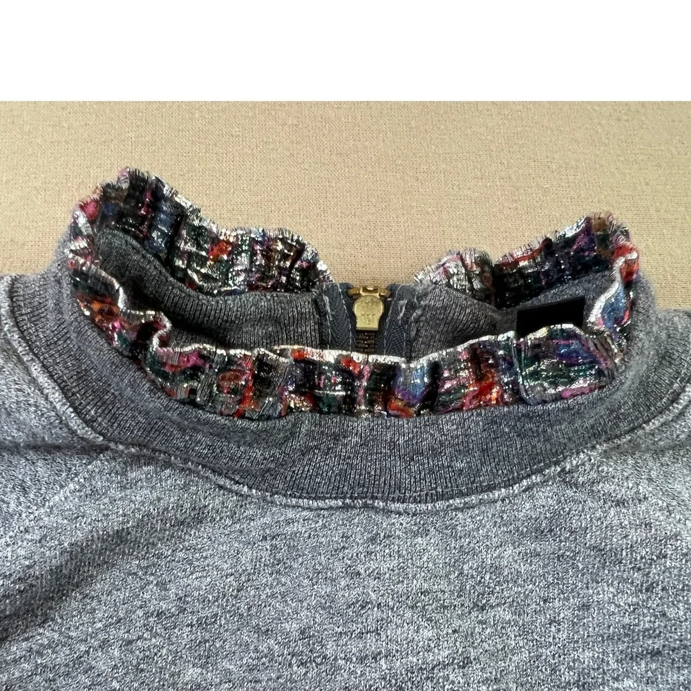 J.Crew Grey Raglan Sweatshirt Metallic Ruffle Trim Back Zip Heathered Top